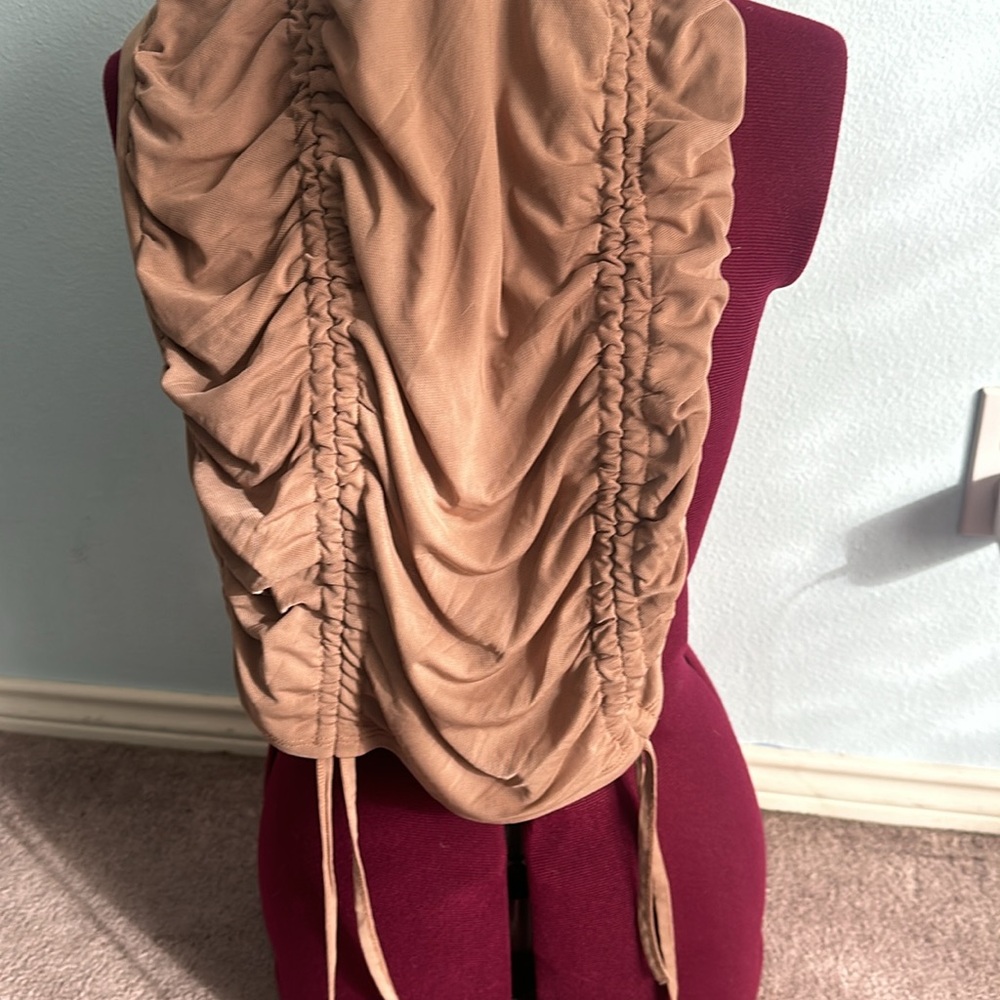 Tan Ruched Mini Dress - Picture 4 of 8